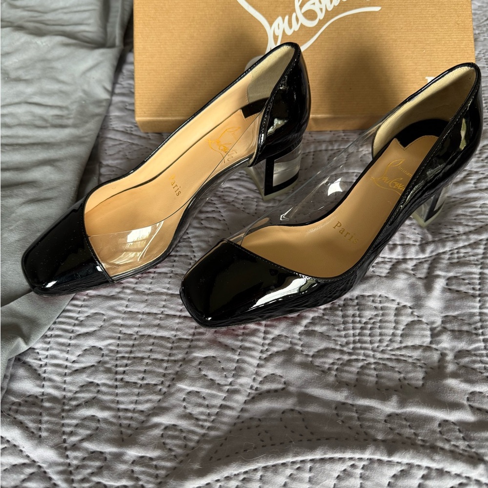 Christian Louboutin Black Patent Leather Low Block Heel Pumps size 34